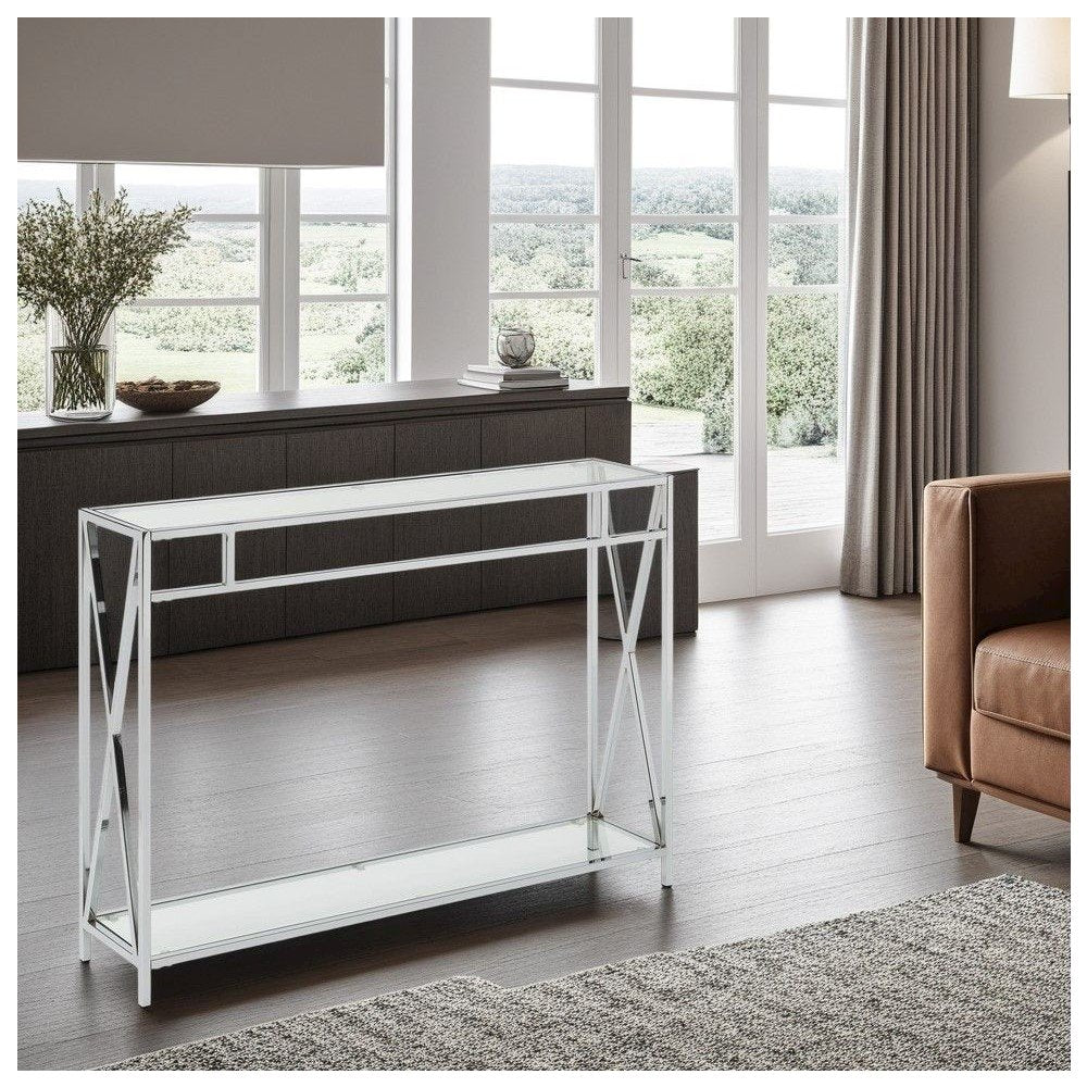 Clear Glass Console Table with Chrome Metal Tube Frame