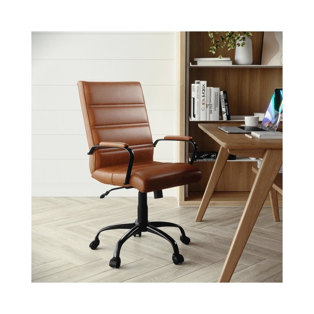 Mid-Back Brown LeatherSoft Executive Swivel Office Chair with Black Frame and Arms