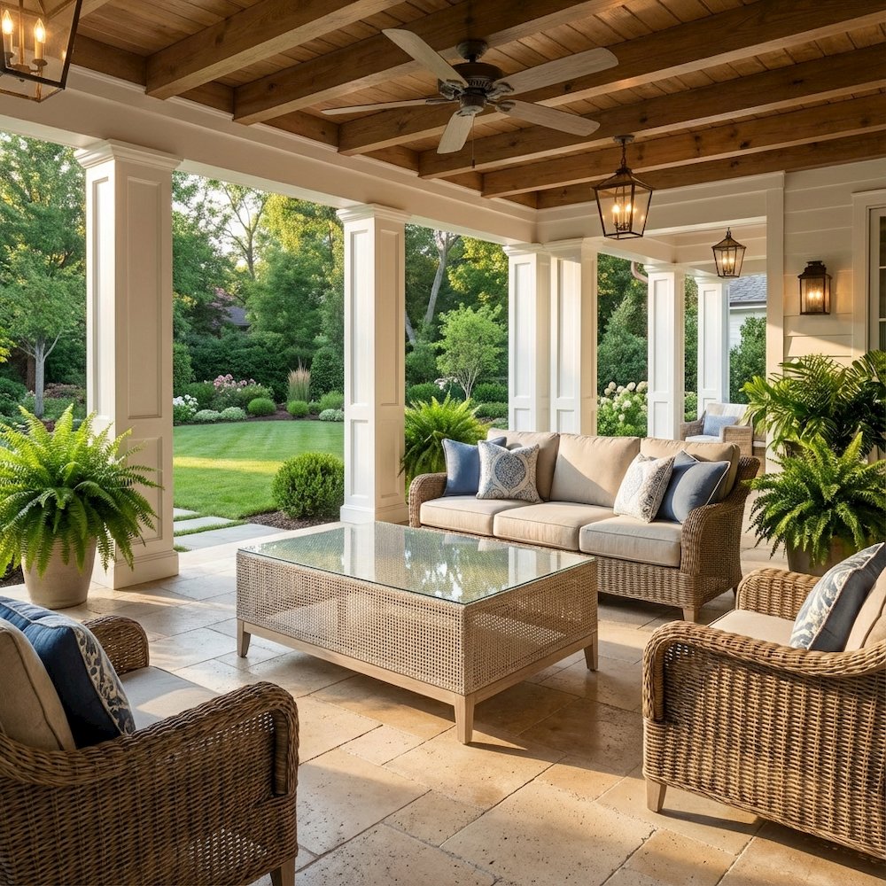 White Transitional Outdoor Coffee Table, Teak Wood Frame, Tempered Glass Surface