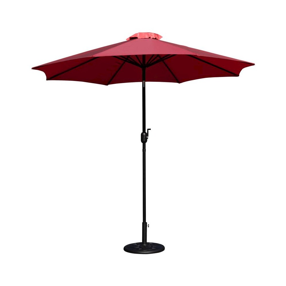 Red 9 FT Round Umbrella with Crank and Tilt Function and Standing Umbrella Base
