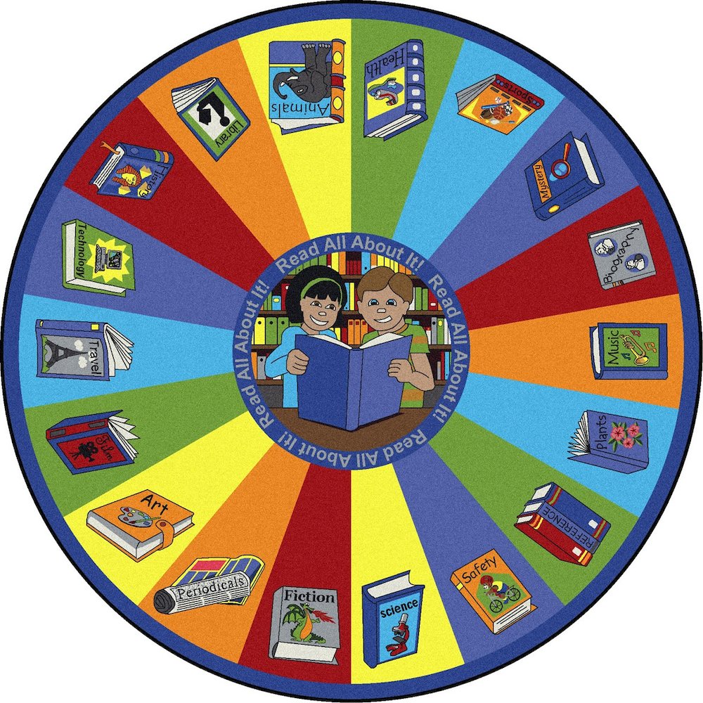 Kid Essentials Read All About It 5'4" Round Area Rug in Color Multi