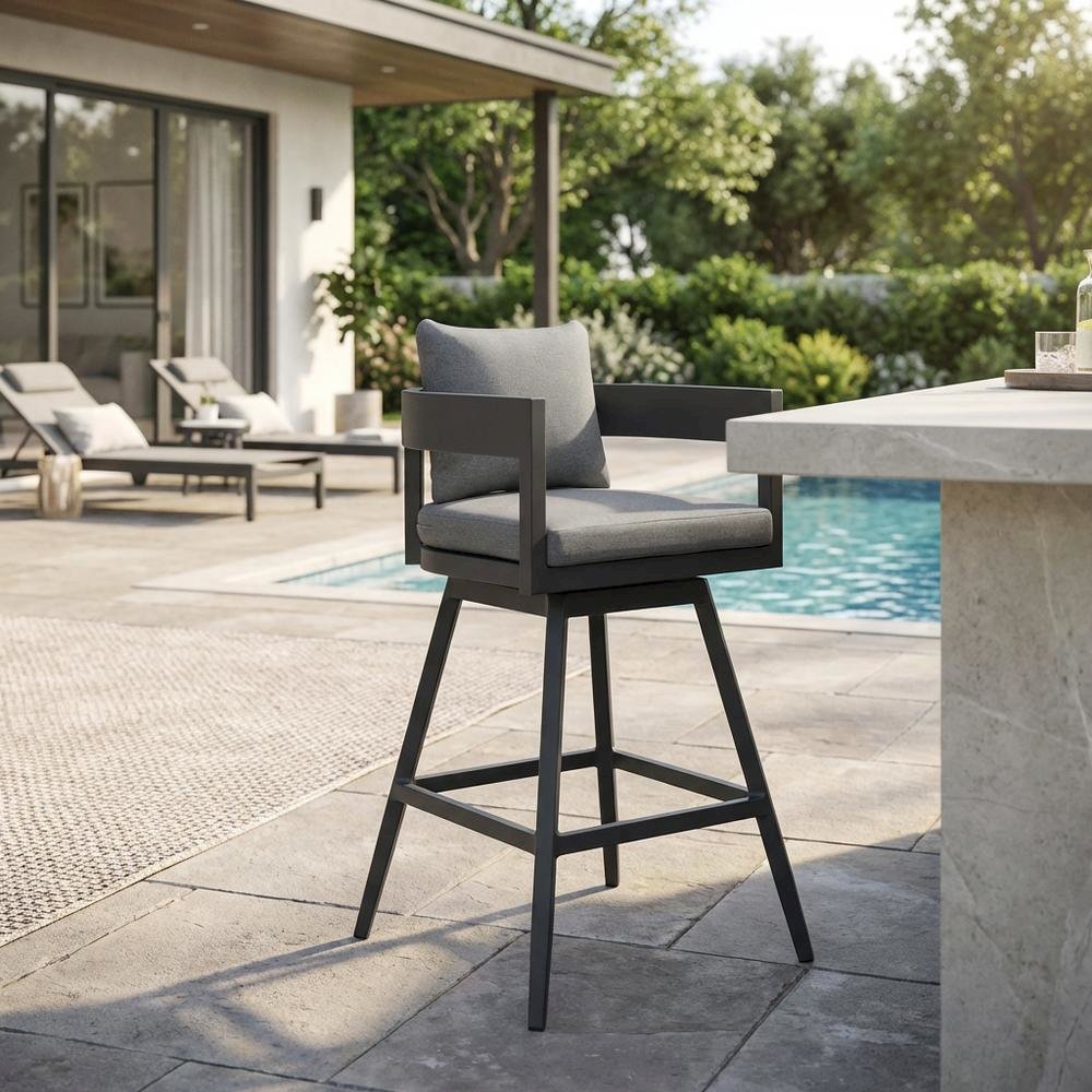 Aluminum Outdoor Swivel Bar Stool With Gray Cushions And Modern Design