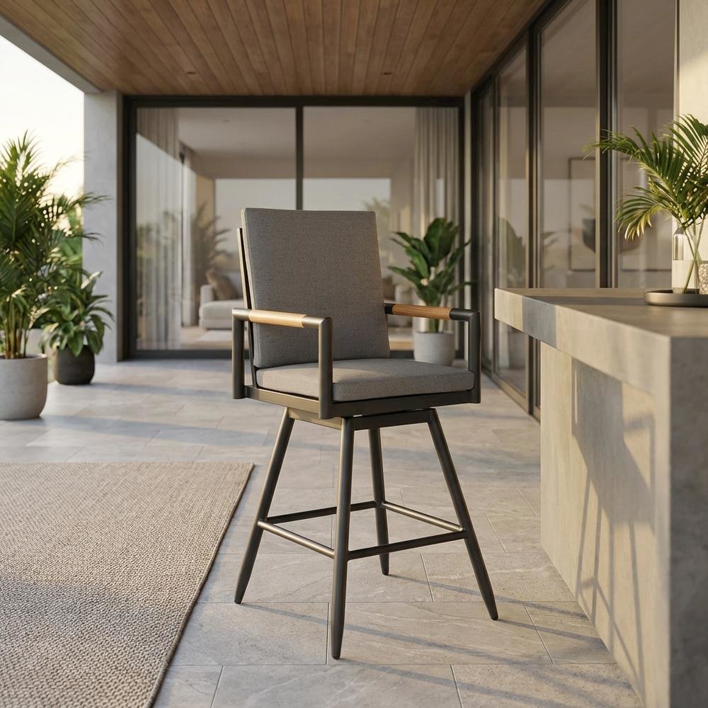 Outdoor Patio Swivel Bar Stool In Aluminum With Tan Rope And Gray Cushion