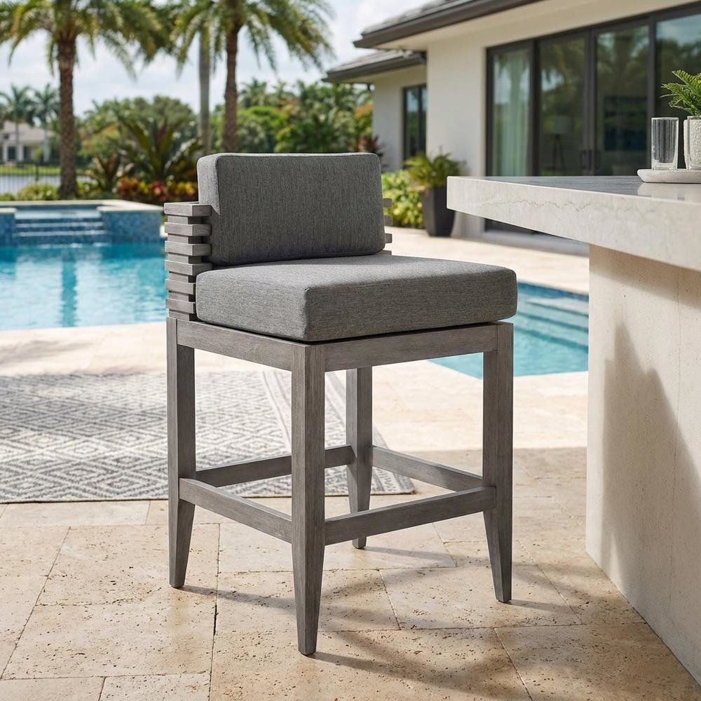 Gray Eucalyptus Wood Outdoor Patio Counter Stool With Cushions