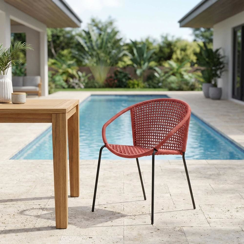 Stackable Steel Dining Chair With Brick Red Rope, Uv Resistant Outdoor Seating