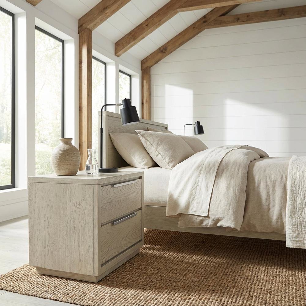 Grey Oak Wooden Nightstand with 2 Drawers for Bedroom Storage