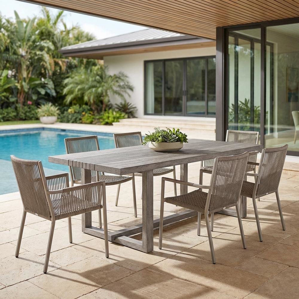 Gray Eucalyptus Outdoor Dining Table With Modern Style And Sturdy Frame
