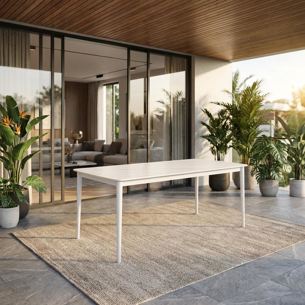 Rectangular Outdoor Dining Table In Snowy Sintered Stone With Aluminum Frame