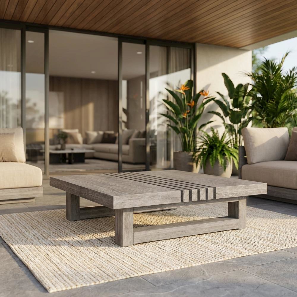 Gray Eucalyptus Outdoor Coffee Table With Modern Design, Solid Wood Construction