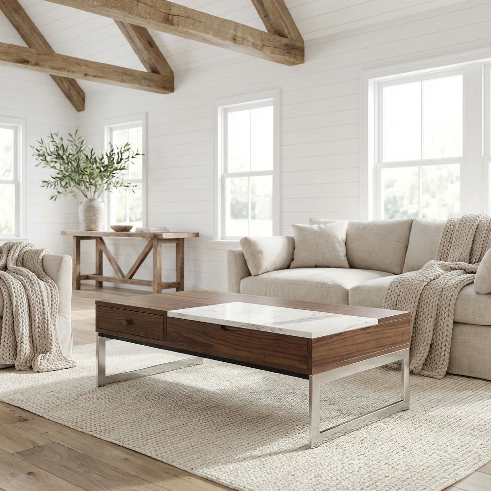 Rectangular Walnut Lift-Top Coffee Table with Sintered Stone Panel and Sled Legs