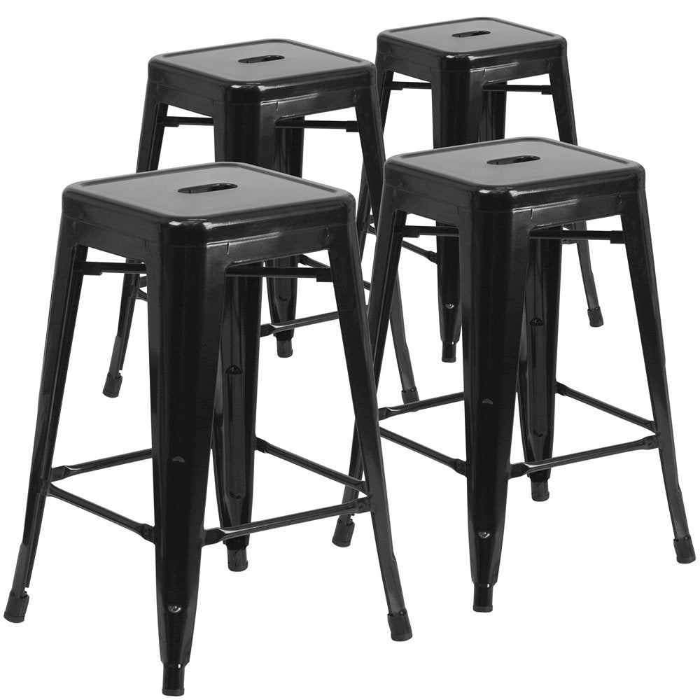 4 Pk. 24'' High Backless Black Metal Indoor-Outdoor Counter Height Stool