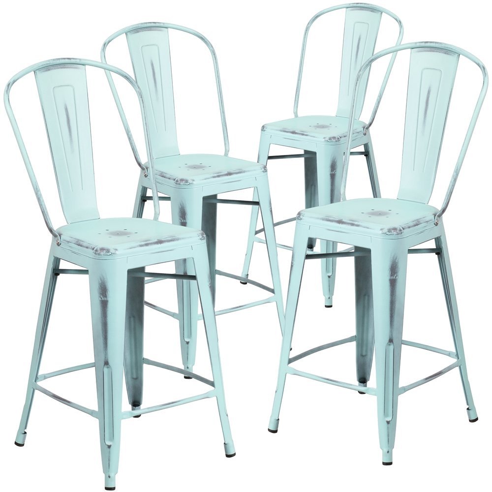 4 Pk. 24'' High Dream Blue Metal Indoor Counter Height Stool with Back