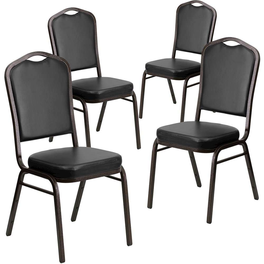 4 Pk. Stacking Chair with Black Vinyl and 2.5'' Thick Seat - Gold Vein Frame