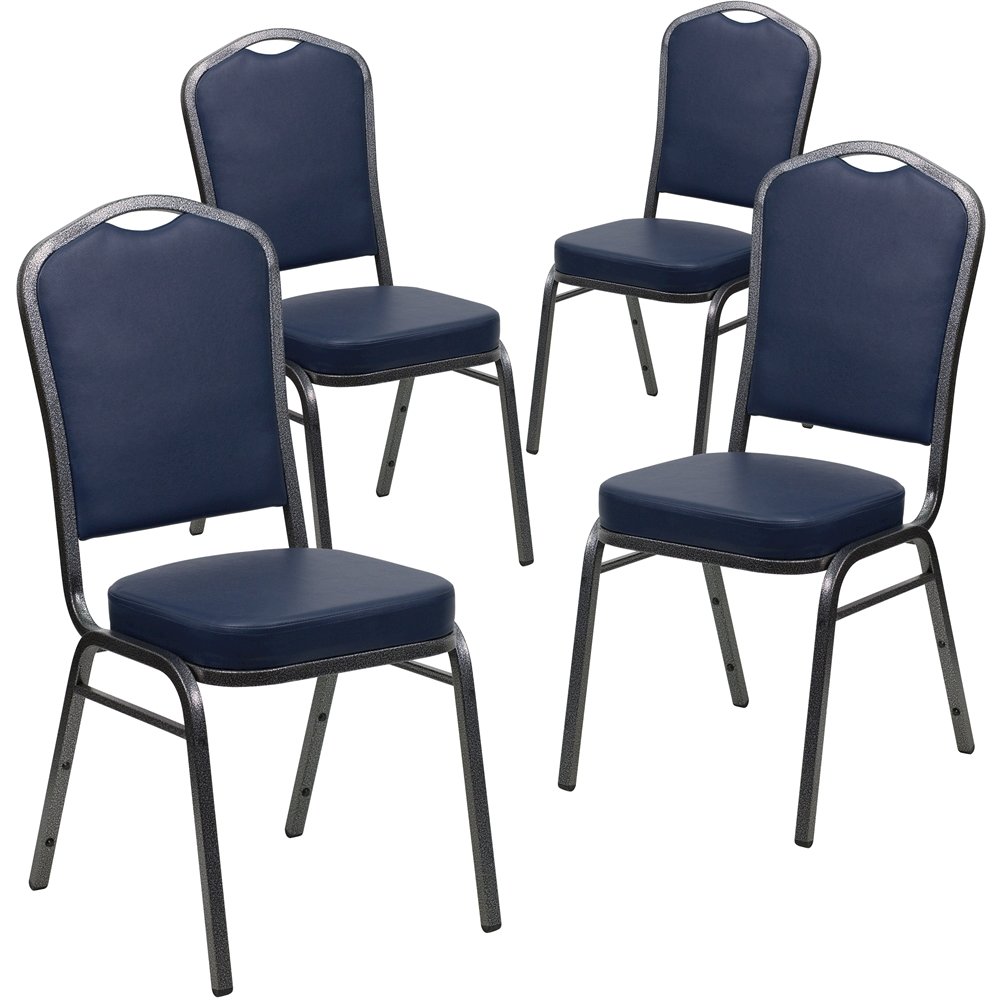4 Pk. Stacking Chair with Navy Vinyl and 2.5'' Thick Seat - Silver Vein Frame