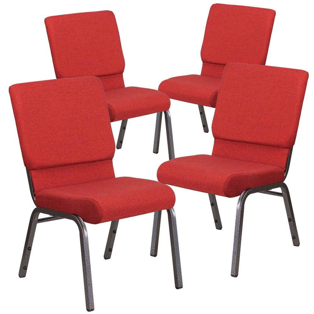 4 Pk. 18.5''W Red Fabric Stacking Church Chair - Silver Vein Frame