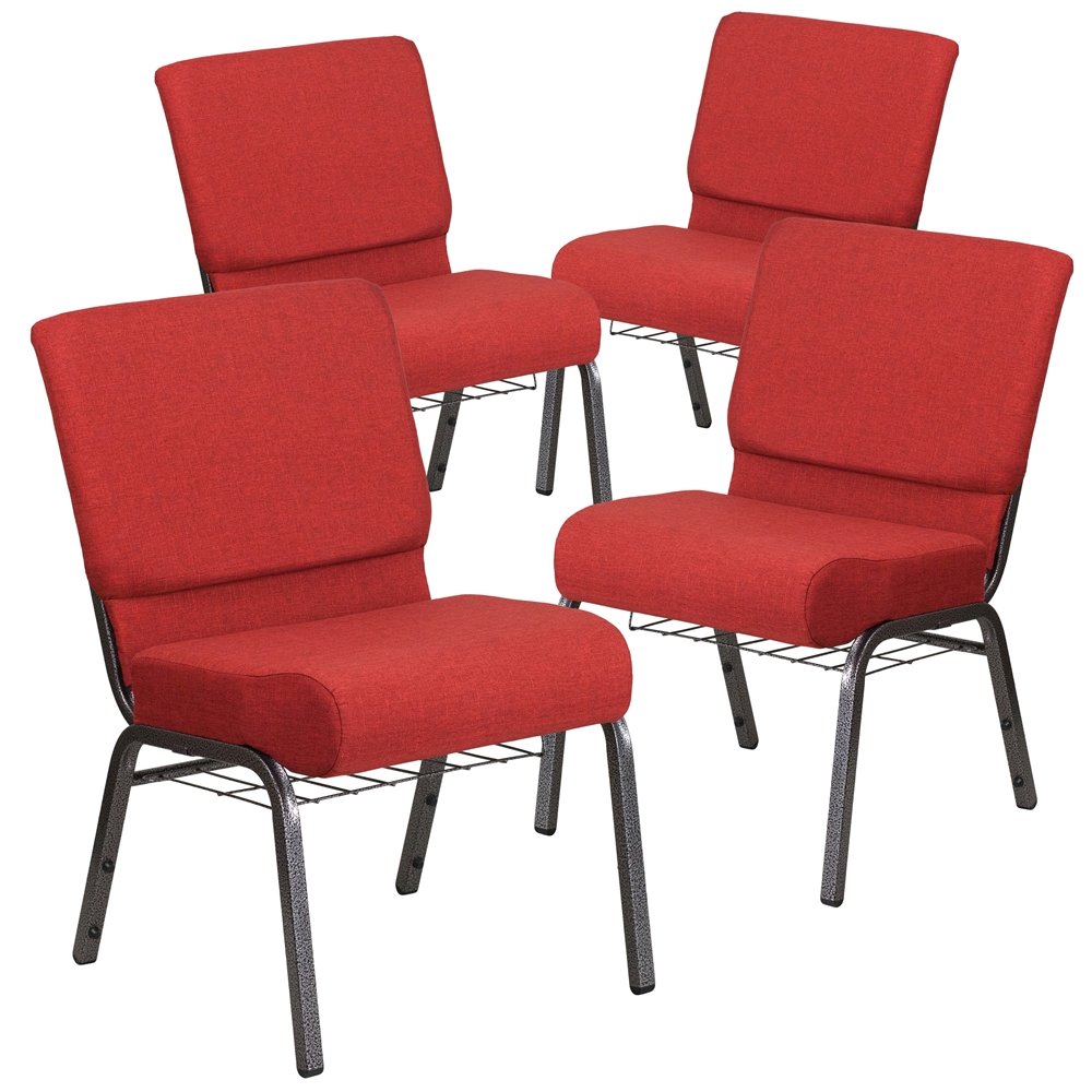 4 Pk. 21'' Wide Crimson Fabric Church Chair, Cup Book Rack - Silver Vein Frame