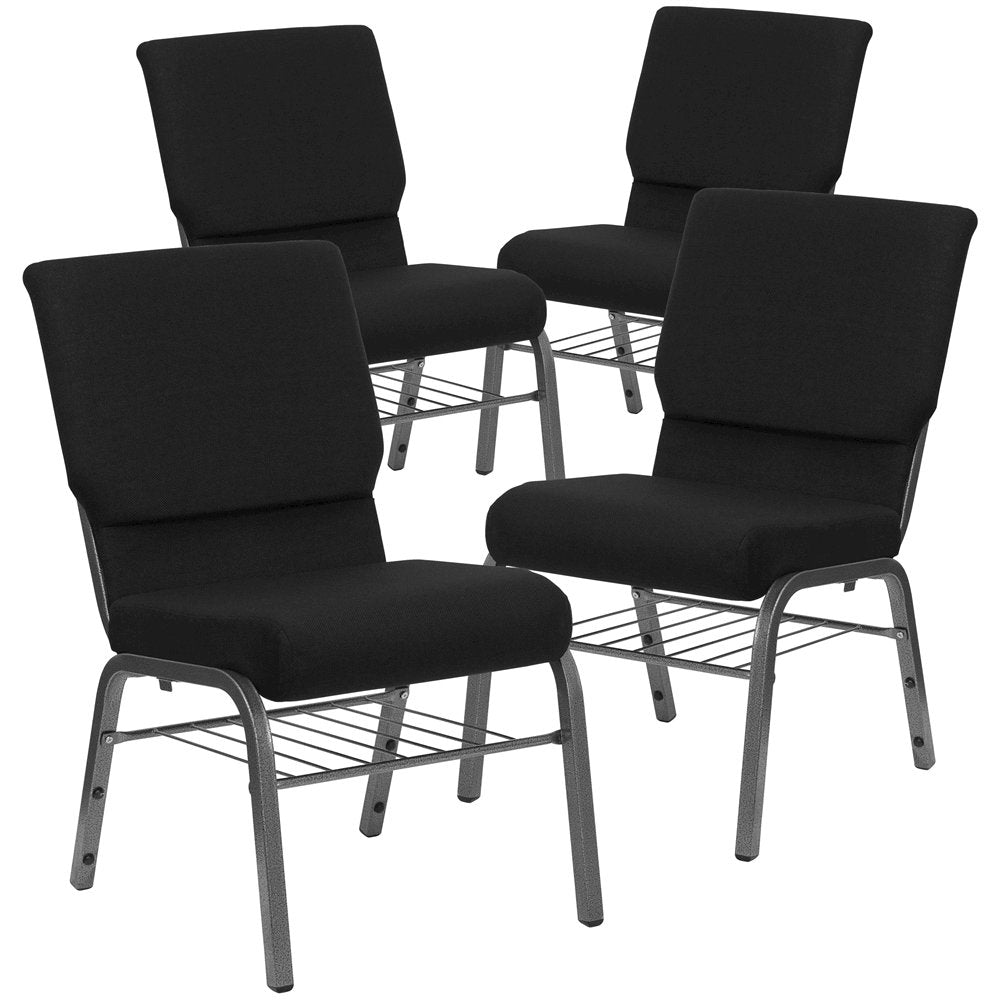 4 Pk. 18.5''W Black Fabric Church Chair, Book Rack - Silver Vein Frame