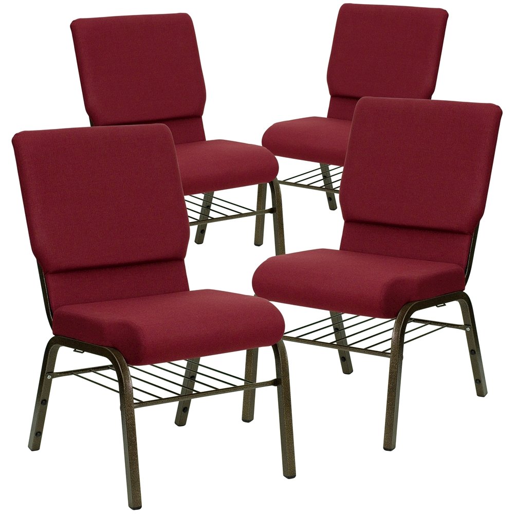 4 Pk. 18.5''W Burgundy Fabric Church Chair, Book Rack - Gold Vein Frame