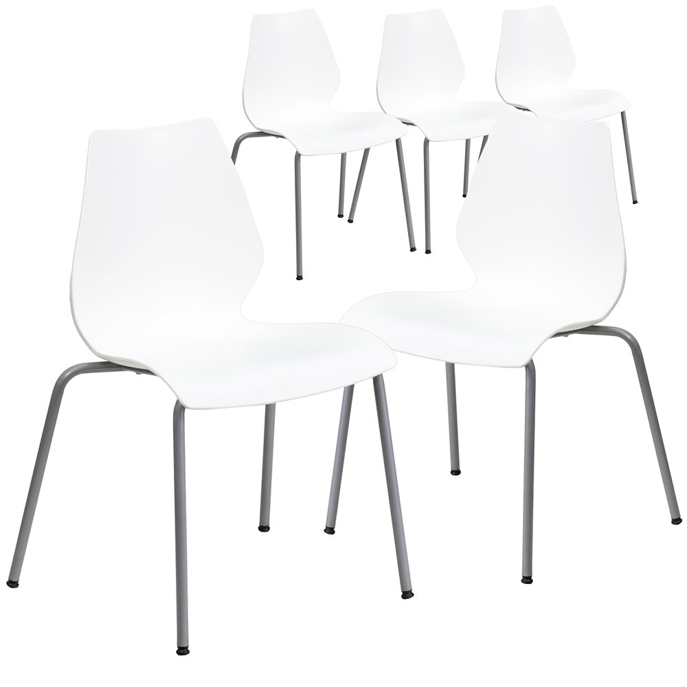 5 Pk. 770 lb. Capacity White Stack Chair with Lumbar Support and Silver Frame