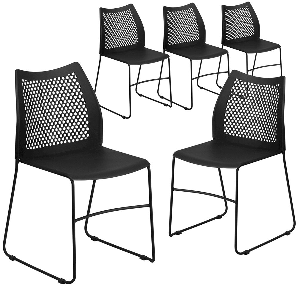 5 Pk. 661 lb. Capacity Black Sled Base Stack Chair with Air-Vent Back