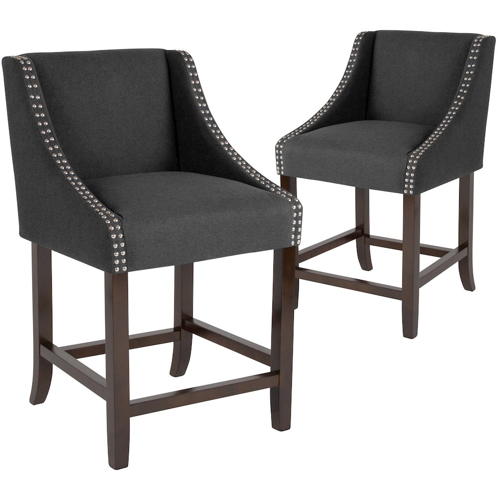 24" High Walnut Counter Height Stool with Nail Trim in Charcoal Fabric, Set of 2
