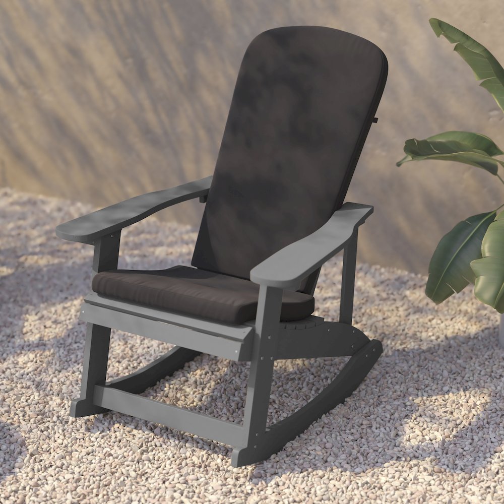 Set of 2 Adirondack Rocking Chairs in Gray with Gray Cushions, Porch, and Patio