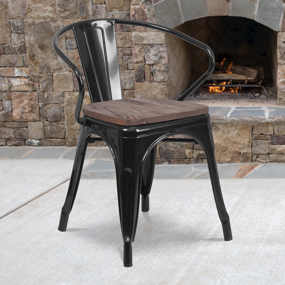 Black Metal Chair with Wood Seat and Arms