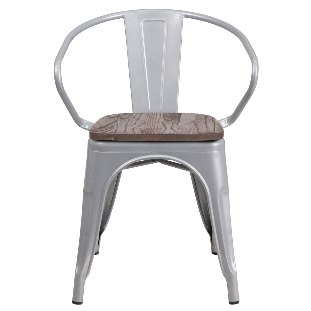 Silver Metal Chair with Wood Seat and Arms