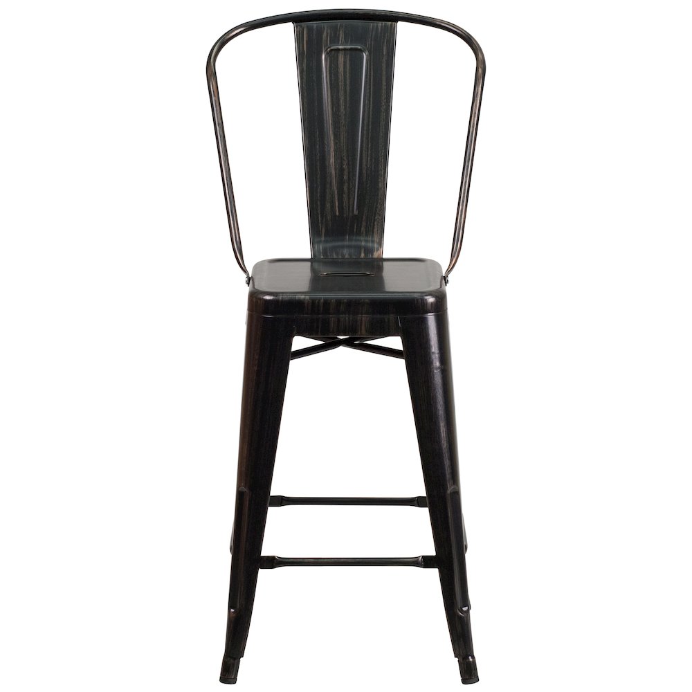 Commercial Grade 24" High Black-Antique Gold Metal Indoor-Outdoor Counter Height Stool with Removable Back