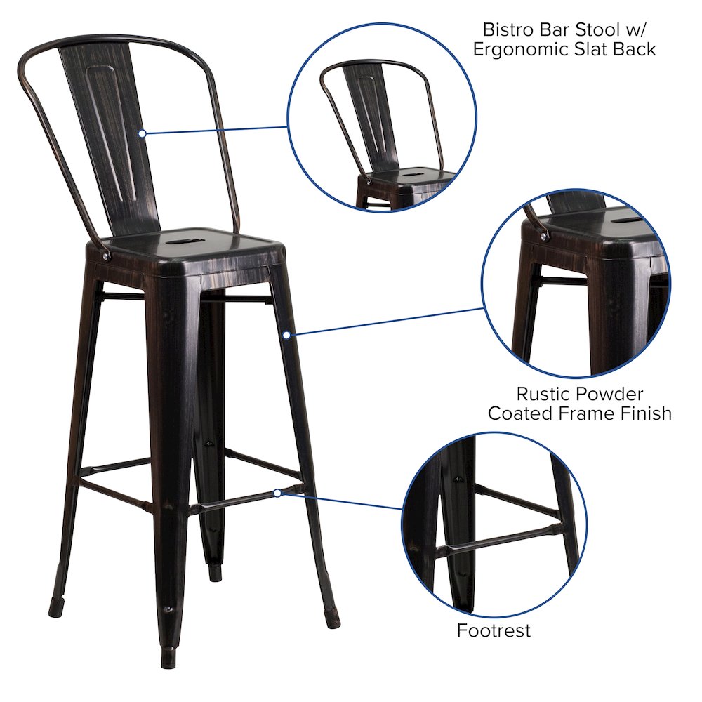 30" High Black-Antique Gold Metal Indoor-Outdoor Barstool with Removable Back