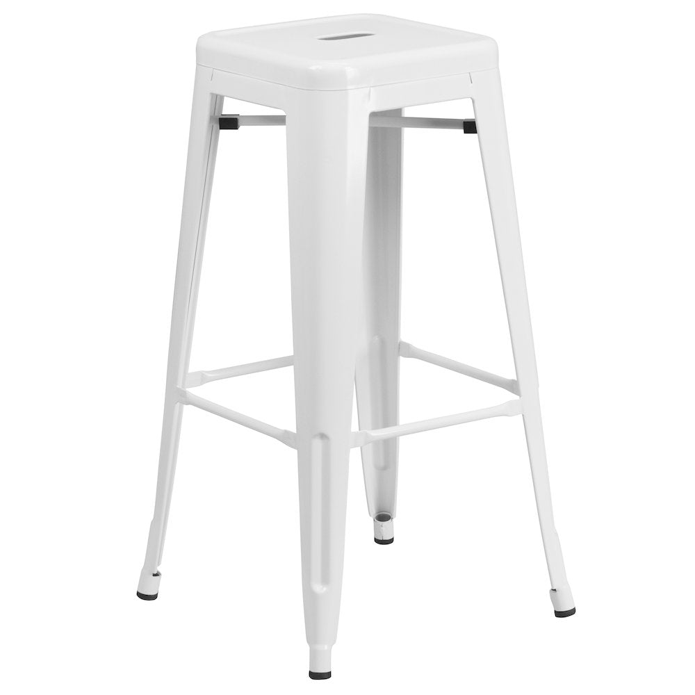 30" Round White Metal Indoor-Outdoor Bar Table Set with 2 Seat Backless Stools