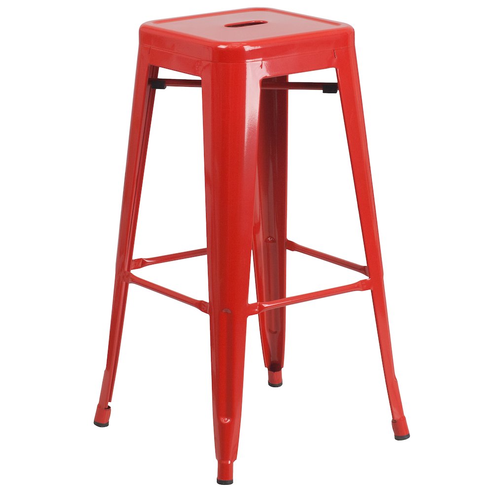 30" Round Red Metal Indoor-Outdoor Bar Table Set with 4 Seat Backless Stools