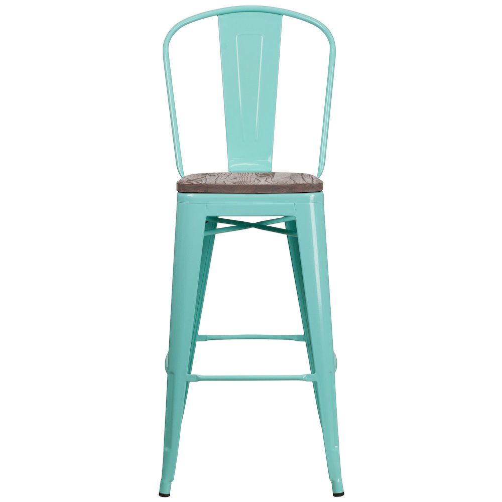 30" High Mint Green Metal Barstool with Back and Wood Seat