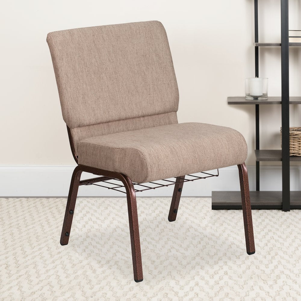21''W Church Chair in Beige Fabric with Book Rack - Copper Vein Frame