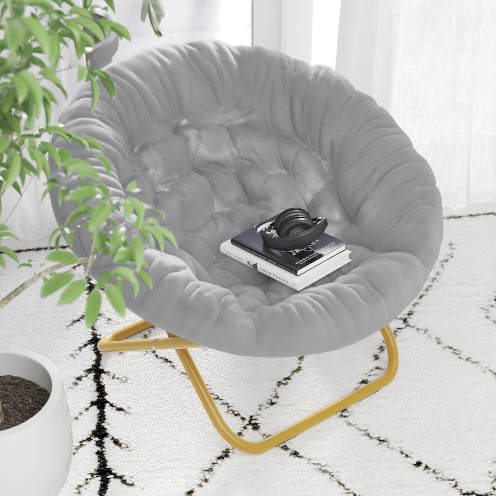 38" Portable Faux Fur Folding Saucer Moon Chair, Gray Faux Fur/Soft Gold Frame