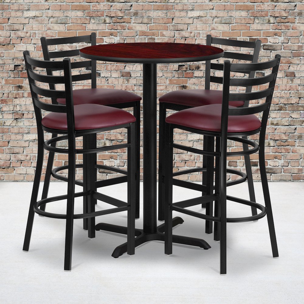 30'' Round Mahogany Laminate Table Set with X-Base and 4 Ladder Back Metal Barstools - Burgundy Vinyl Seat
