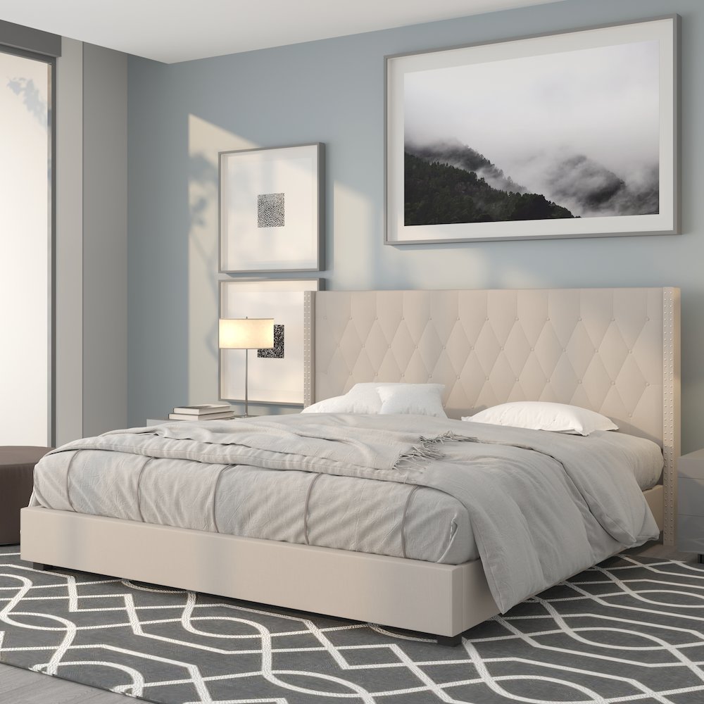 King Size Tufted Upholstered Platform Bed with Accent Nail Trimmed Extended Sides in Beige Fabric