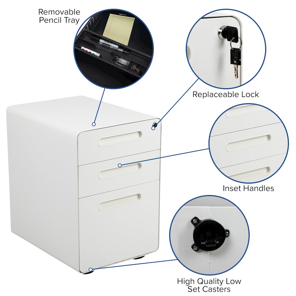 Ergonomic 3-Drawer Mobile Locking Filing Cabinet with Anti-Tilt Mechanism and Hanging Drawer for Legal & Letter Files, White