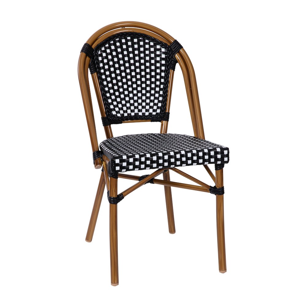 Bistro 31.5" Table, Black and White PE Rattan, Glass Top with 4 Stack Chairs