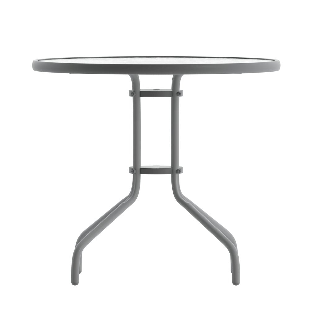 Lila 31.5'' Round Glass Top Metal Table with 4 Silver Aluminum Slat Stack Chairs