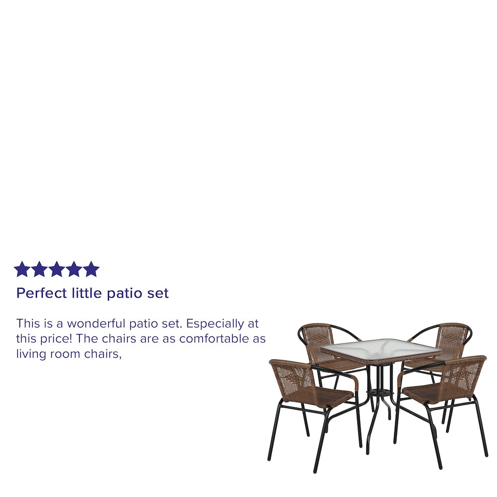 28'' Square Glass Metal Table with Dark Brown Rattan Edging and 4 Dark Brown Rattan Stack Chairs