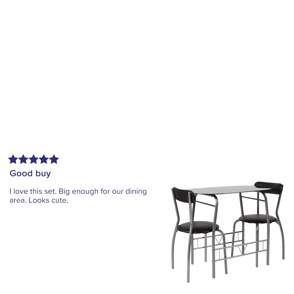 3 Piece Space-Saver Bistro Set with Black Glass Top Table and Black Vinyl Padded Chairs