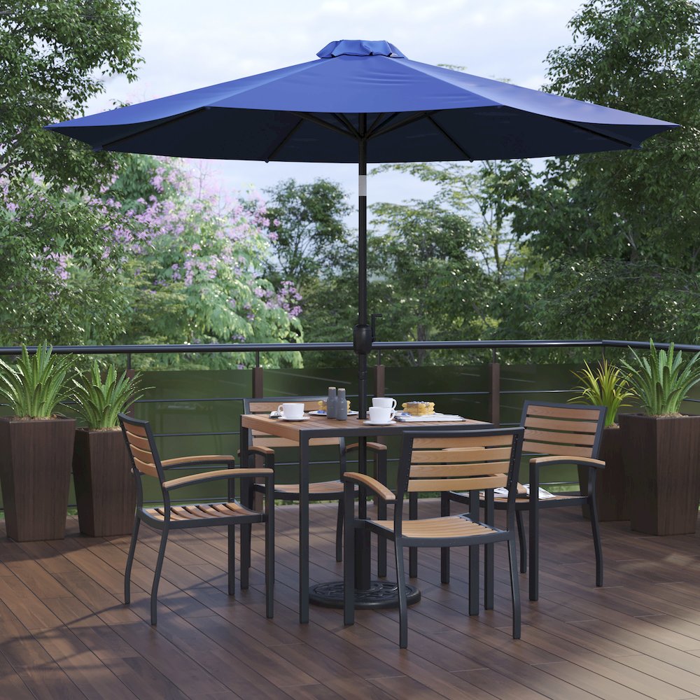 7 Piece Patio Table Set with 4 Stackable Chairs, 35" Table, Navy Umbrella, Base