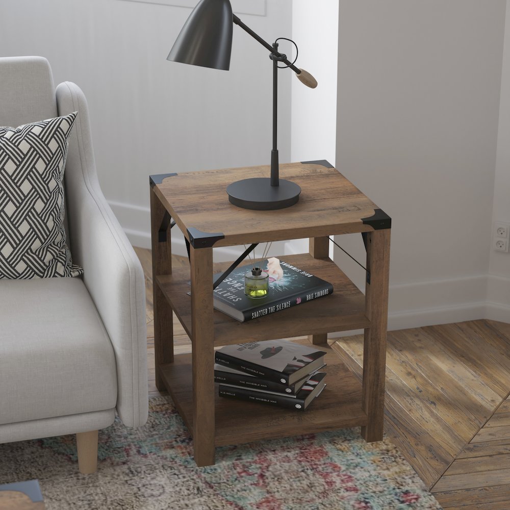 Farmhouse Wooden 3 Tier End Table with Black Metal Corner Accents, Oak