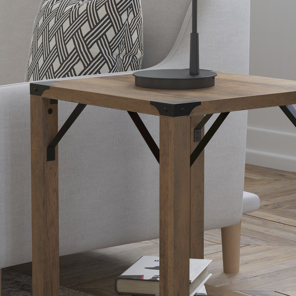 Farmhouse Wooden 2 Tier End Table with Black Metal Corner Accents, Oak