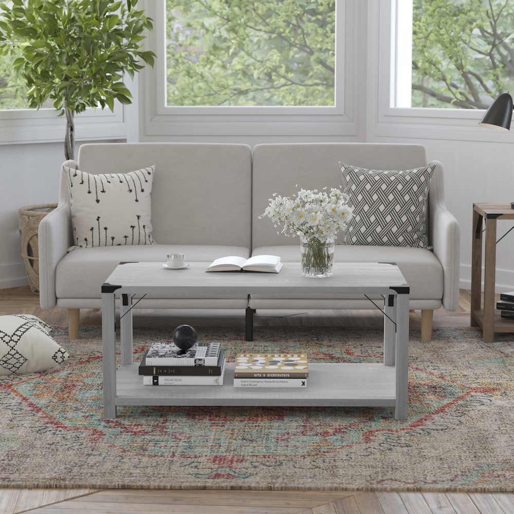 Farmhouse Wooden 2 Tier Coffee Table with Black Metal Corner Accents, Aspen Gray