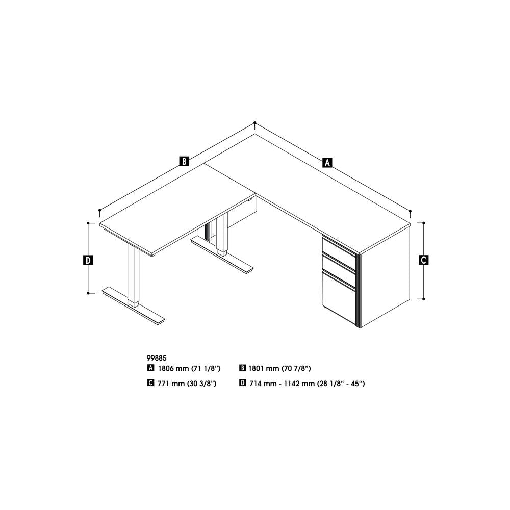 72W L-Shaped Standing Desk with Pedestal