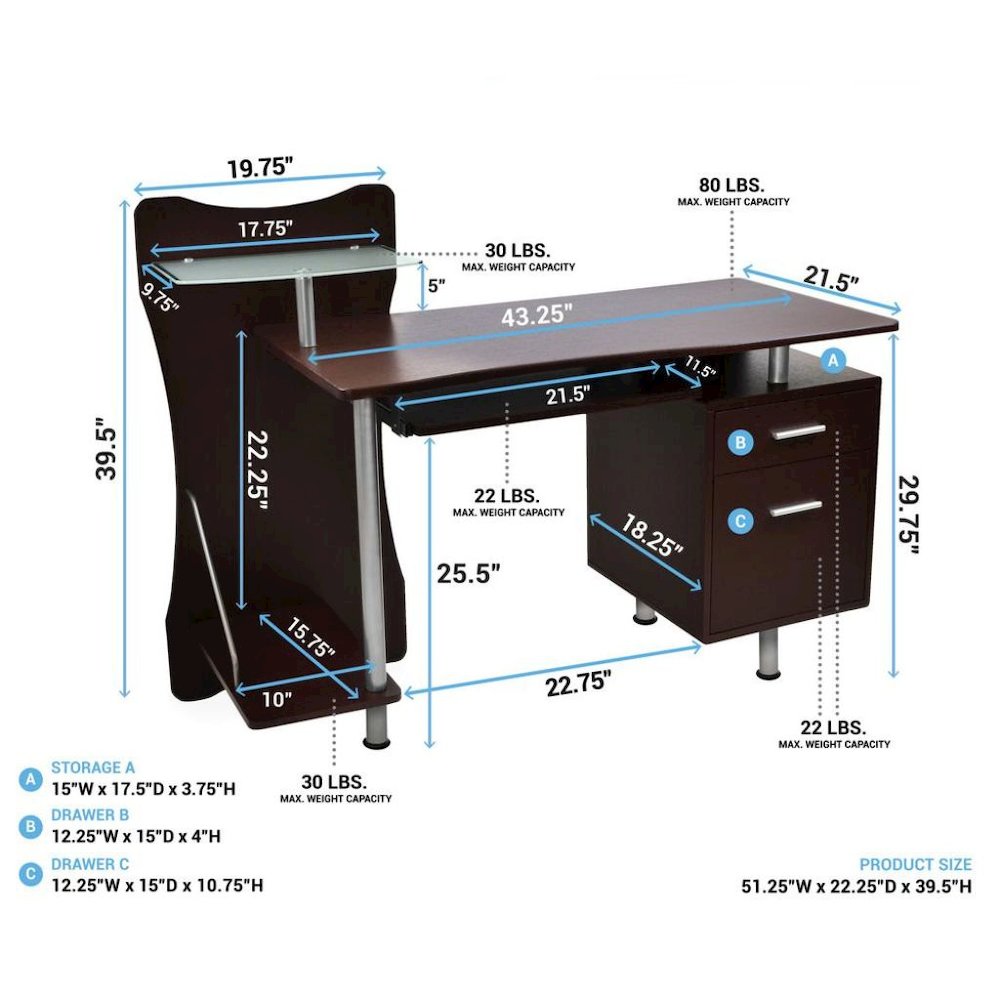 Chocolate Brown Wood Desk With 2 Drawers, CPU Shelf, Home Office Desk