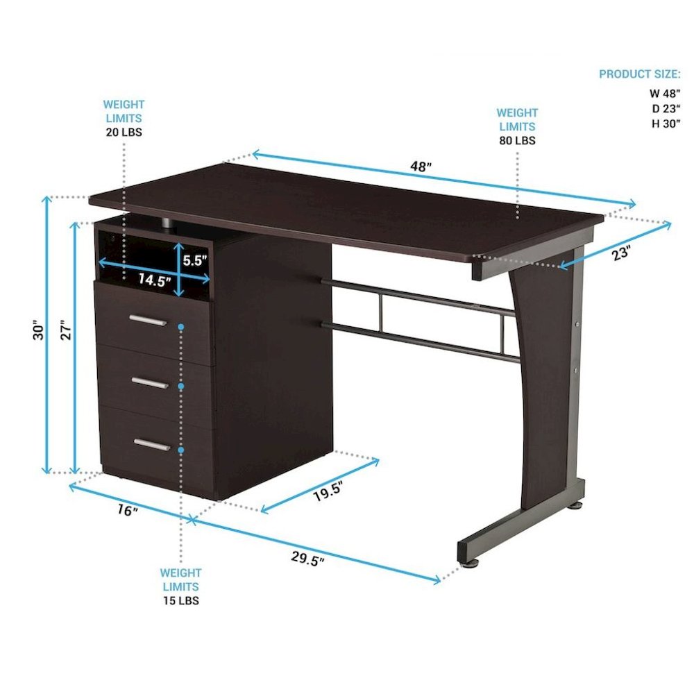 Brown Wood Desk With Storage And 3 Drawers, Office Table With Steel Frame Design