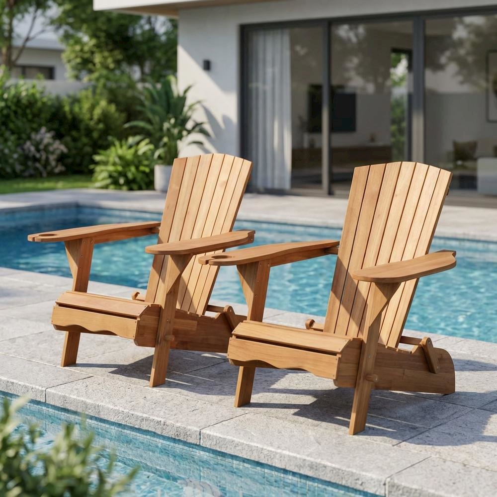 Outdoor Eucalyptus Wood Adirondack Chairs Set Of 2 With Silver Metal Accents